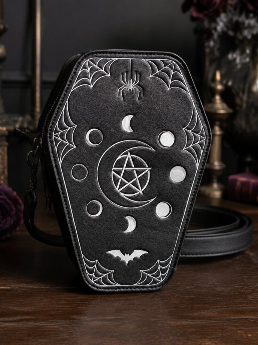 Mad Engine Gothic Coffin Crossbody Bag Pentagram Moon Occult Purse NWT - Picture 3 of 4